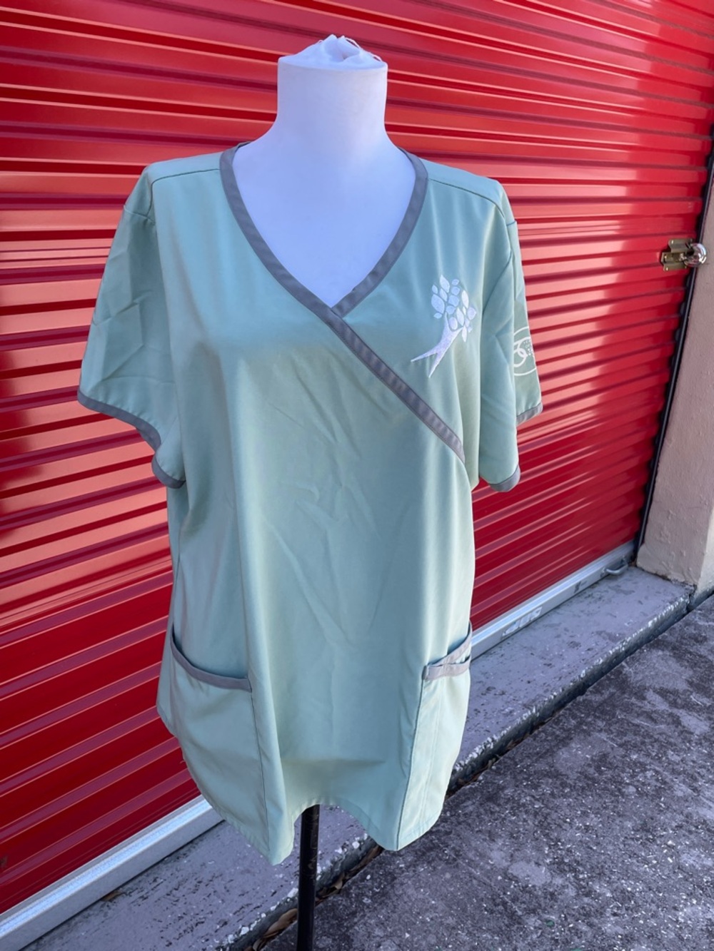 Light Sage Green Medical Scrub Top with Gray Trim
